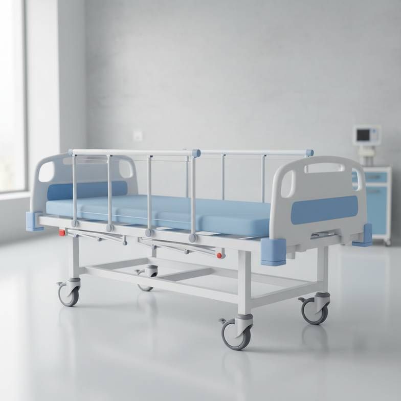 A modern pediatric hospital bed in a clean, bright room