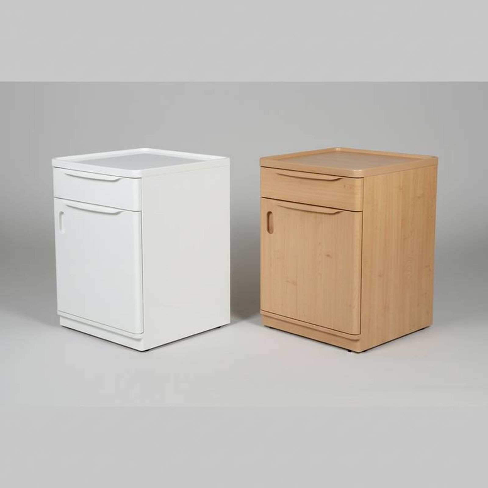 A close-up shot showing the different materials of two bedside cabinets, one with a plastic finish and the other with a wood-grain laminate.
