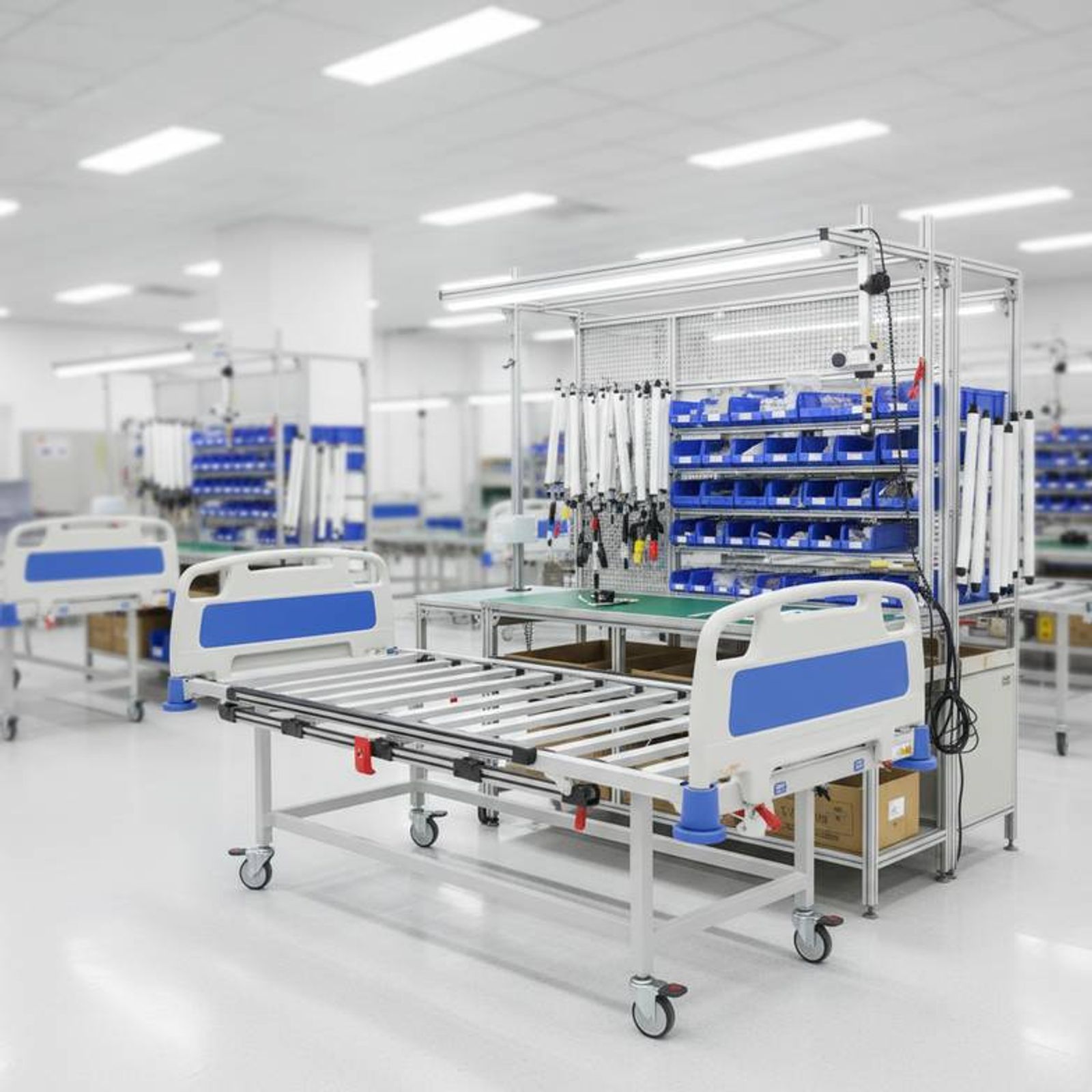 A hospital bed being assembled on a factory line