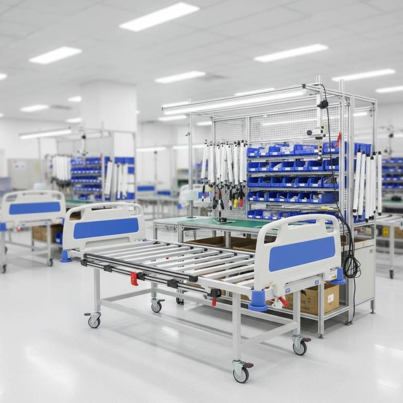 A hospital bed being assembled on a factory line