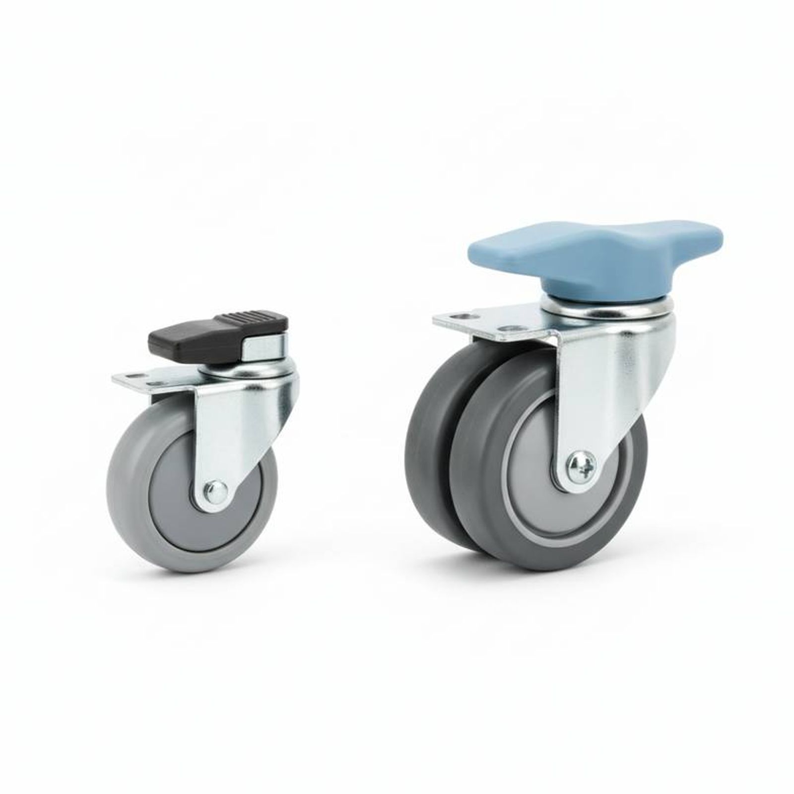 A detailed comparison of two different types of medical casters, showing differences in wheel material and brake mechanism.