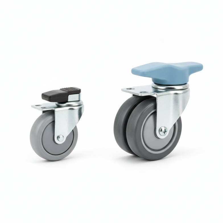 A detailed comparison of two different types of medical casters, showing differences in wheel material and brake mechanism.
