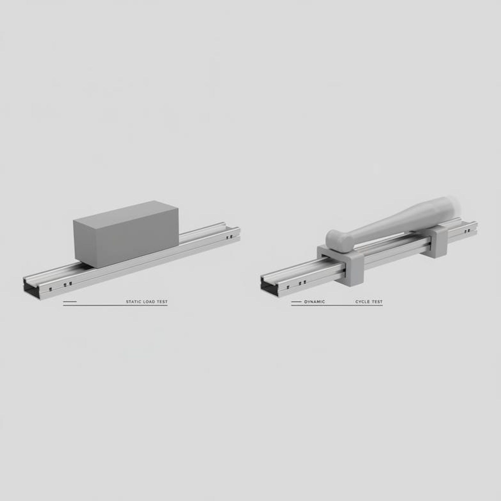 A diagram comparing static load testing versus dynamic cycle testing for medical trolley drawer runners.