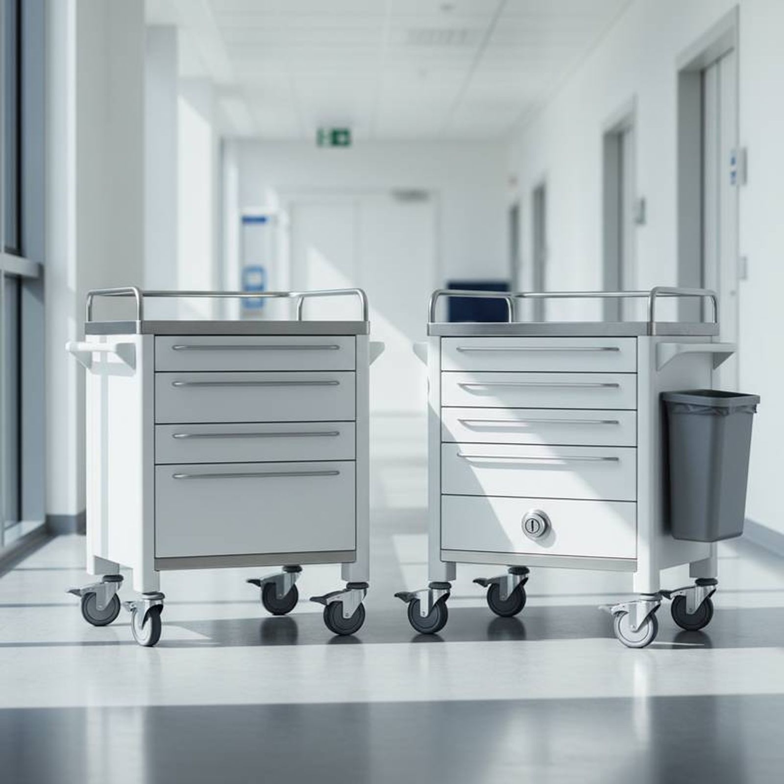 A treatment trolley and a medication trolley shown side-by-side in a clean, modern hospital corridor to highlight their visual similarities and subtle differences.