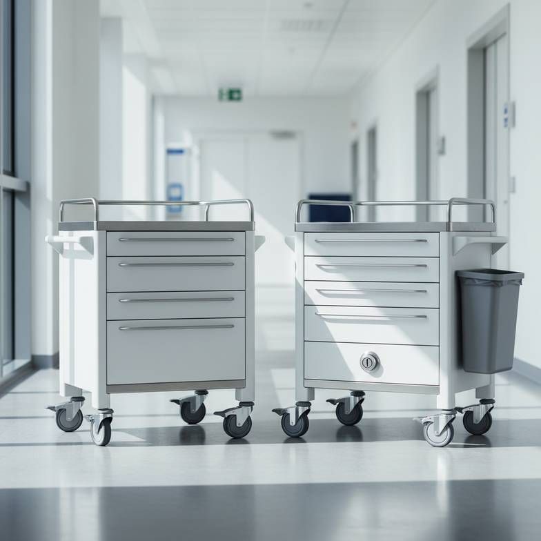 A treatment trolley and a medication trolley shown side-by-side in a clean, modern hospital corridor to highlight their visual similarities and subtle differences.