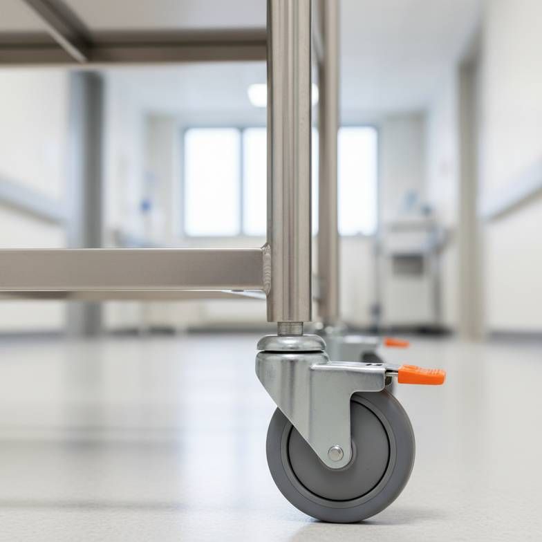 A close-up shot of an instrument trolley's corner, showing a high-quality caster, a brake, and a stainless steel finish, with a blurred hospital corridor in the background.