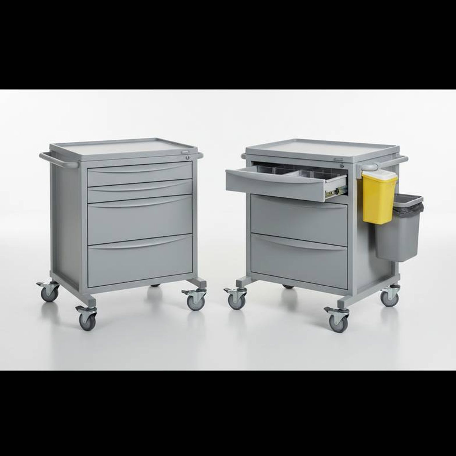 A side-by-side comparison of two medical trolleys, one basic model and one fully equipped model with drawer dividers, waste bin, brakes, and accessory holders, showing why product photos alone are not enough.