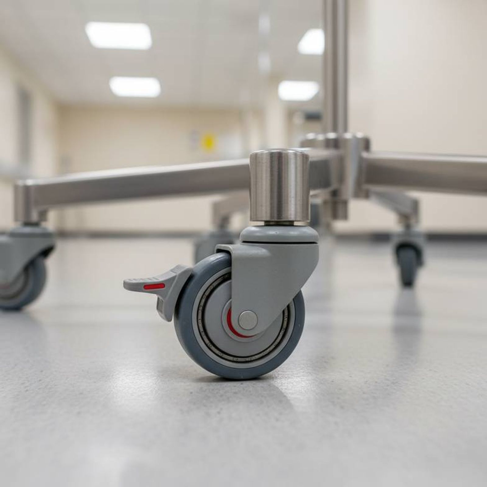 A close-up shot showing the base and casters of an IV stand. One caster has a visible brake lock, highlighting component quality.