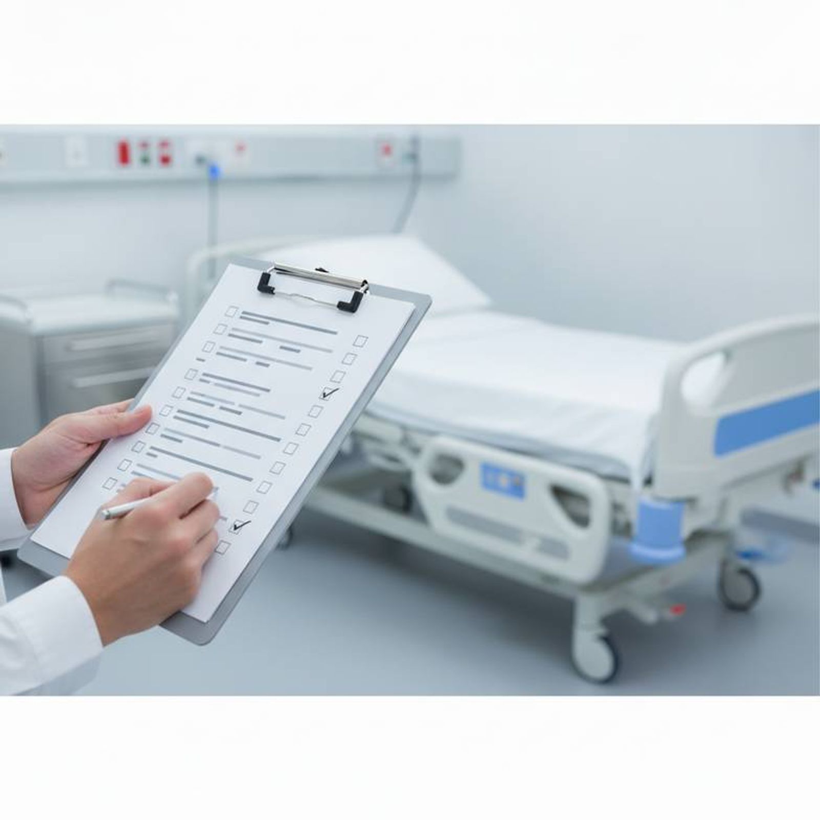 A procurement manager reviewing a hospital furniture supplier audit checklist on a clipboard.