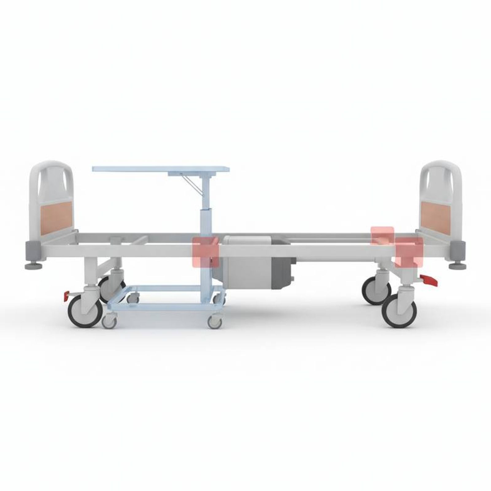 A diagram highlighting hidden obstacles under a hospital bed like brake pedals and motors that can block an overbed table base.