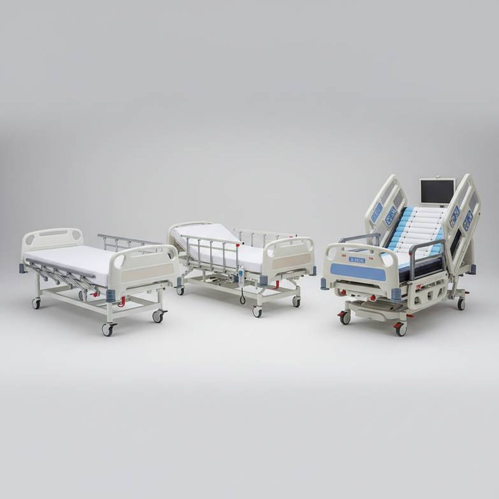 A variety of hospital beds in a showroom