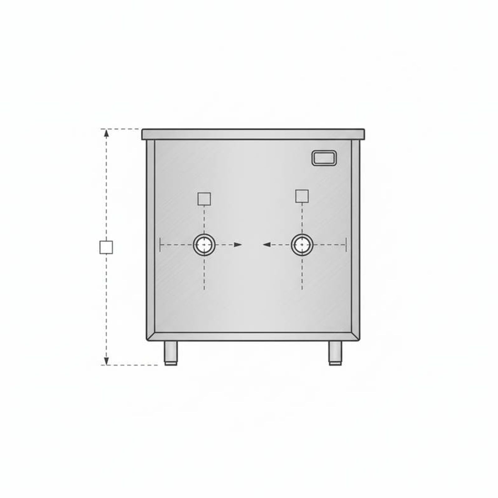 A technical drawing of a stainless steel sink cabinet showing dimensions for plumbing cutouts.