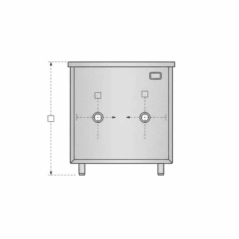 A technical drawing of a stainless steel sink cabinet showing dimensions for plumbing cutouts.