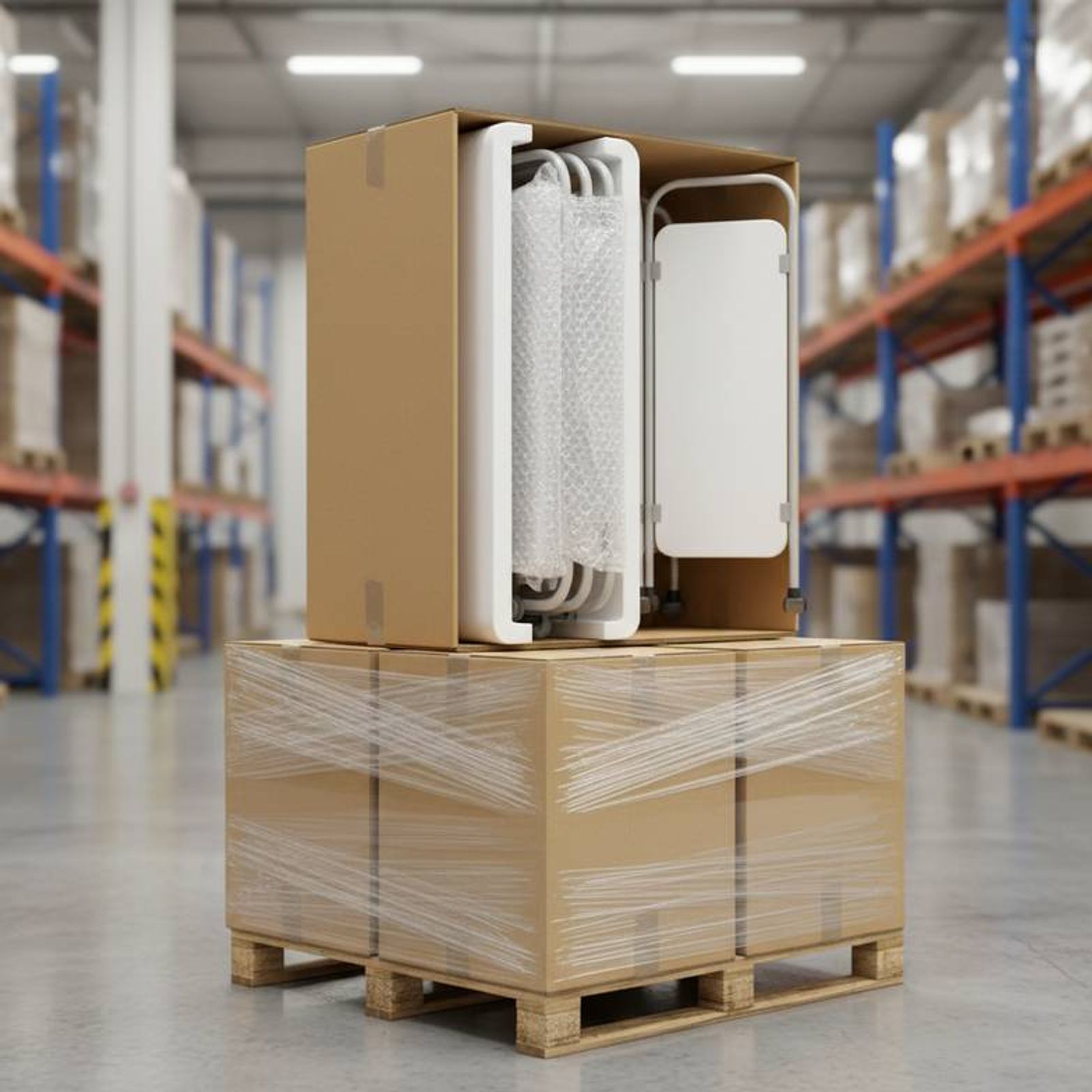 Several folded hospital ward screens neatly packed in export cartons, showing proper warehouse preparation for shipping.