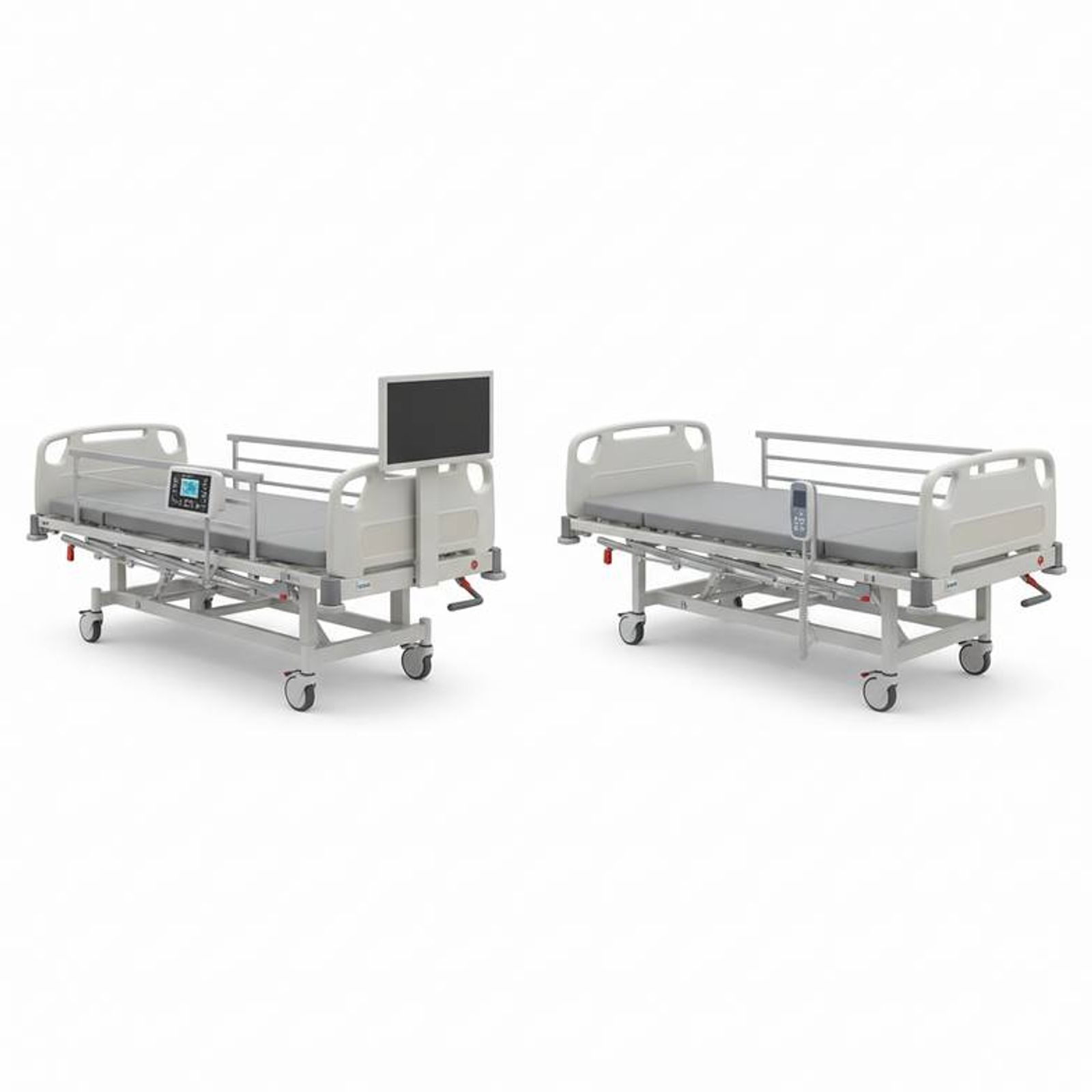 An ICU-grade Trendelenburg hospital bed with nurse control panel next to a simpler manual ward bed.