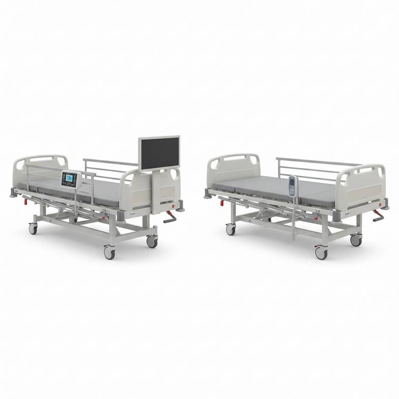 An ICU-grade Trendelenburg hospital bed with nurse control panel next to a simpler manual ward bed.