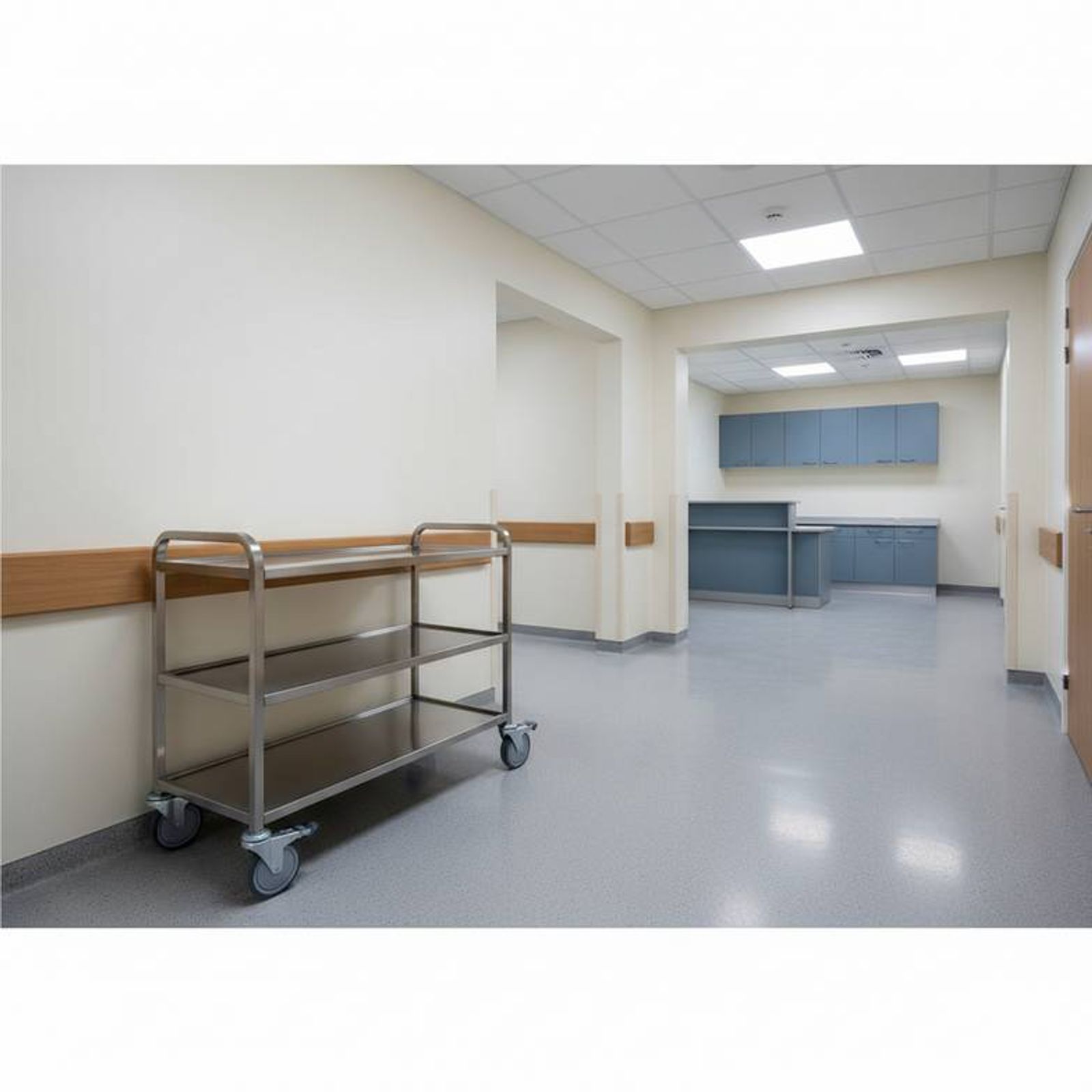 A realistic modern hospital procurement scene showing a stainless steel medical trolley in a clean treatment area, with powder-coated ward cabinets in the background, natural lighting, professional B2B hospital environment.