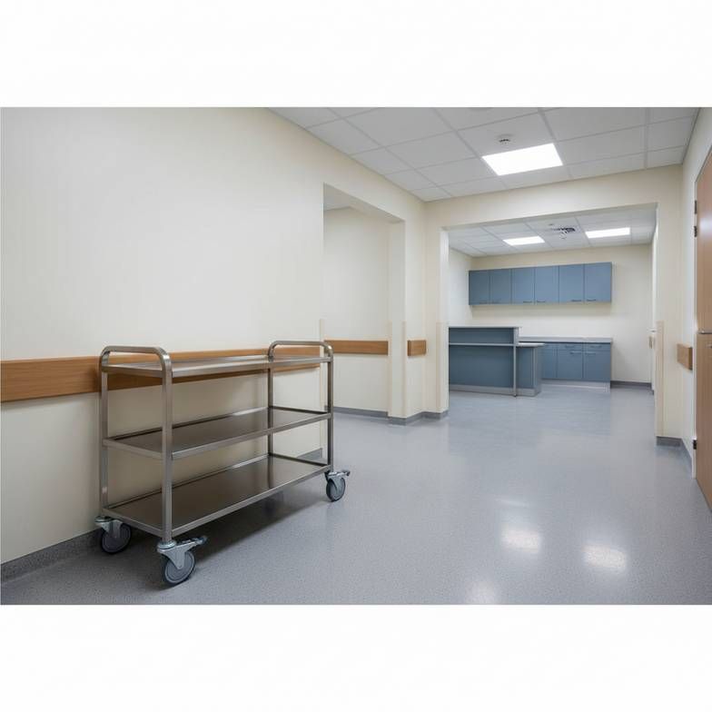 A realistic modern hospital procurement scene showing a stainless steel medical trolley in a clean treatment area, with powder-coated ward cabinets in the background, natural lighting, professional B2B hospital environment.