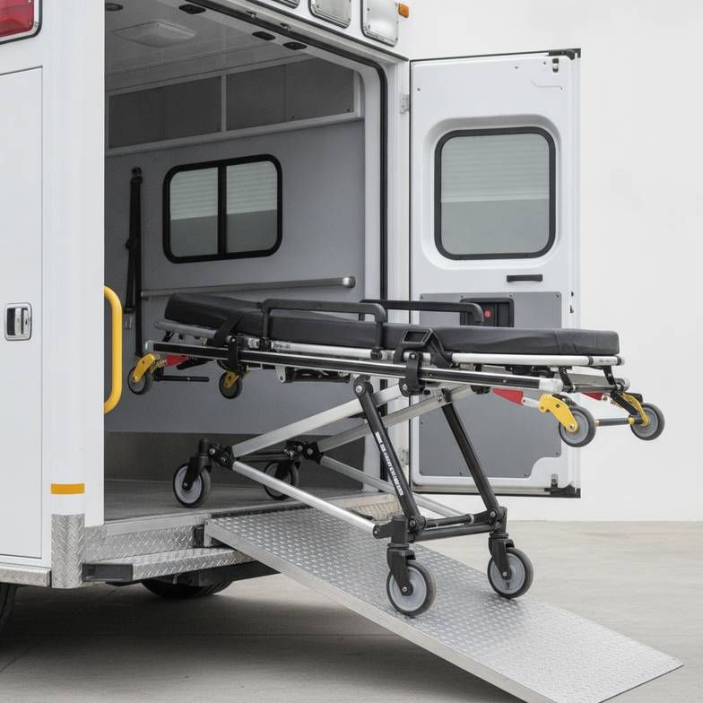 An ambulance stretcher cot being loaded into an emergency vehicle