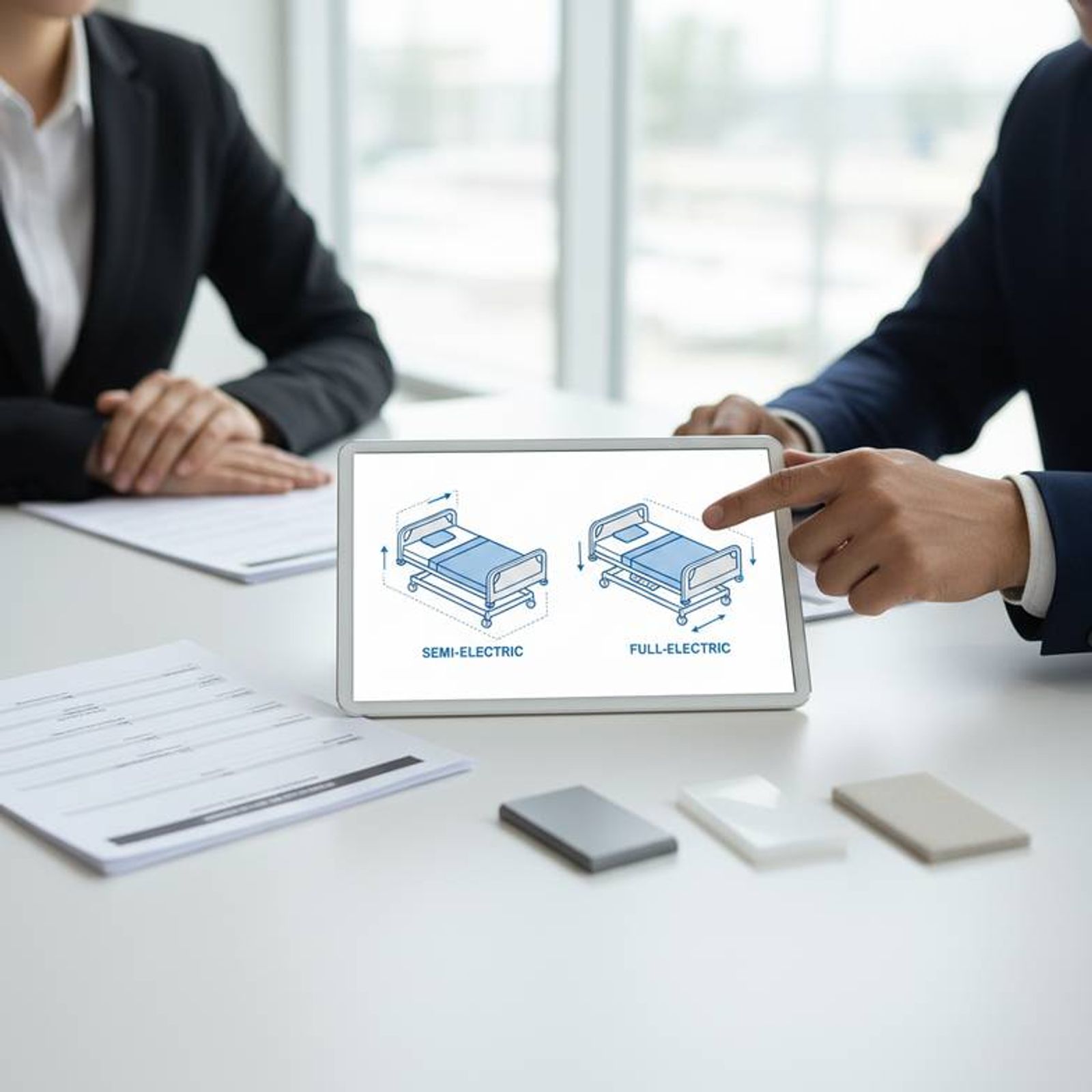 A buyer and supplier shaking hands over a table with blueprints