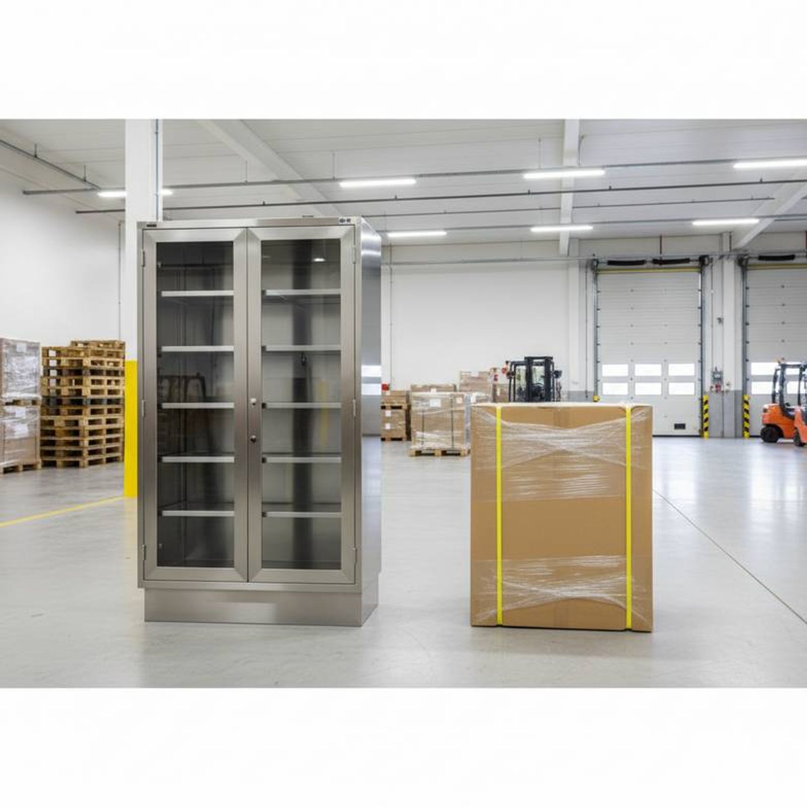 Realistic export warehouse scene comparing a fully welded stainless steel hospital cabinet with a compact knock-down carton, showing shipping volume and CBM difference for international procurement.