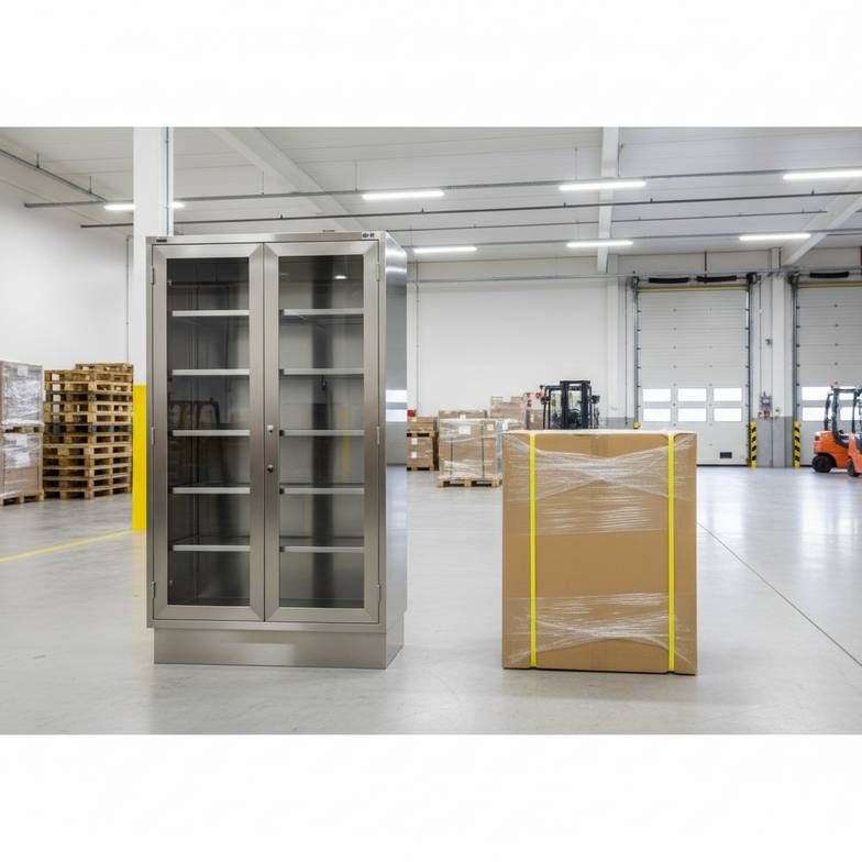 Realistic export warehouse scene comparing a fully welded stainless steel hospital cabinet with a compact knock-down carton, showing shipping volume and CBM difference for international procurement.