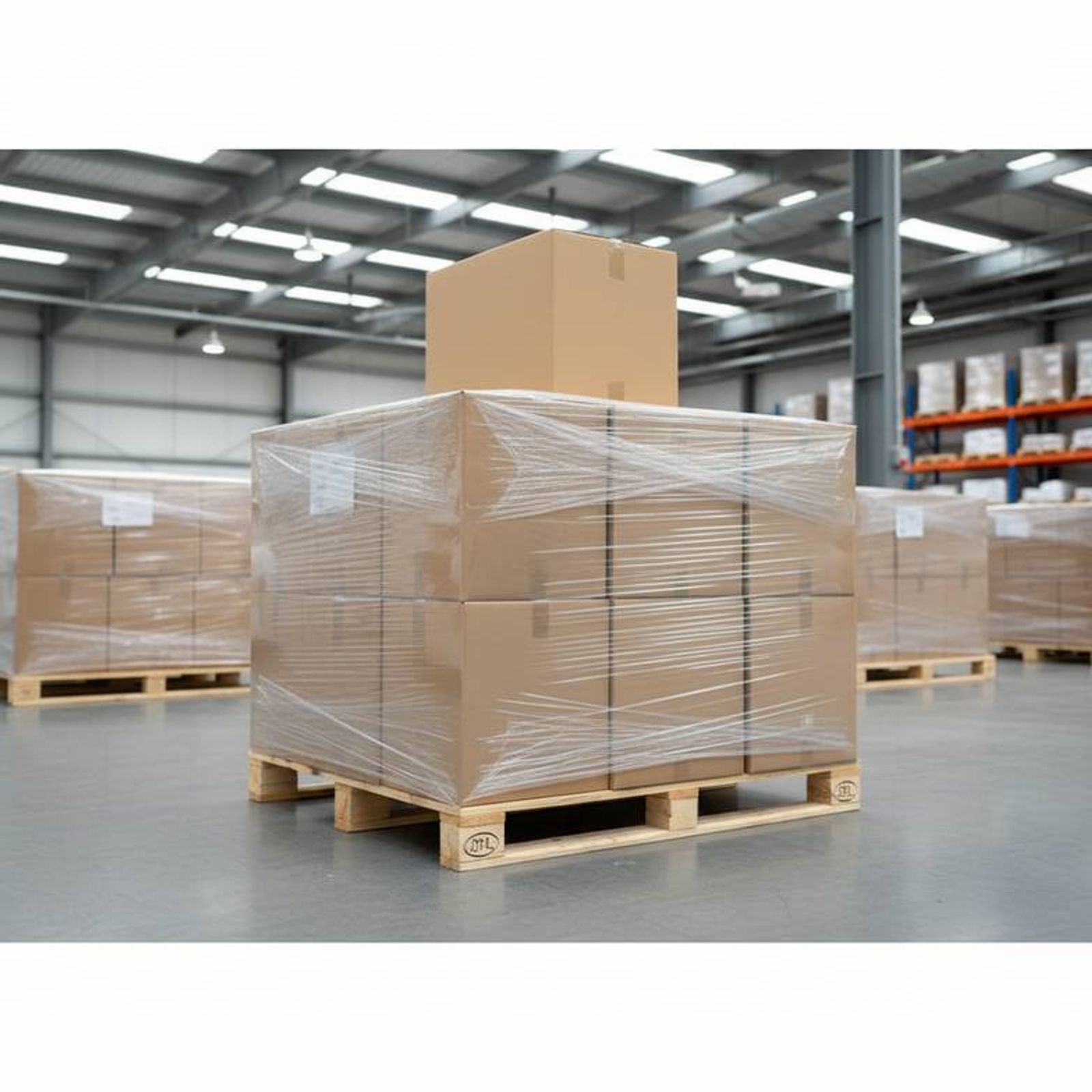 Neatly stacked and labeled export cartons of patient chairs in a clean warehouse, ready for shipment.
