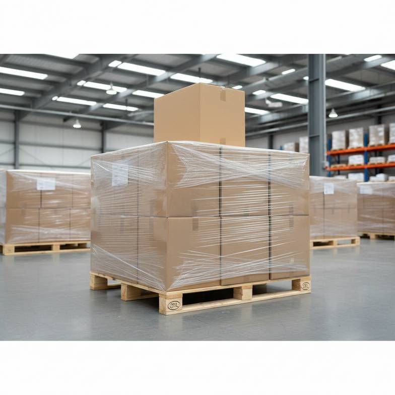 Neatly stacked and labeled export cartons of patient chairs in a clean warehouse, ready for shipment.