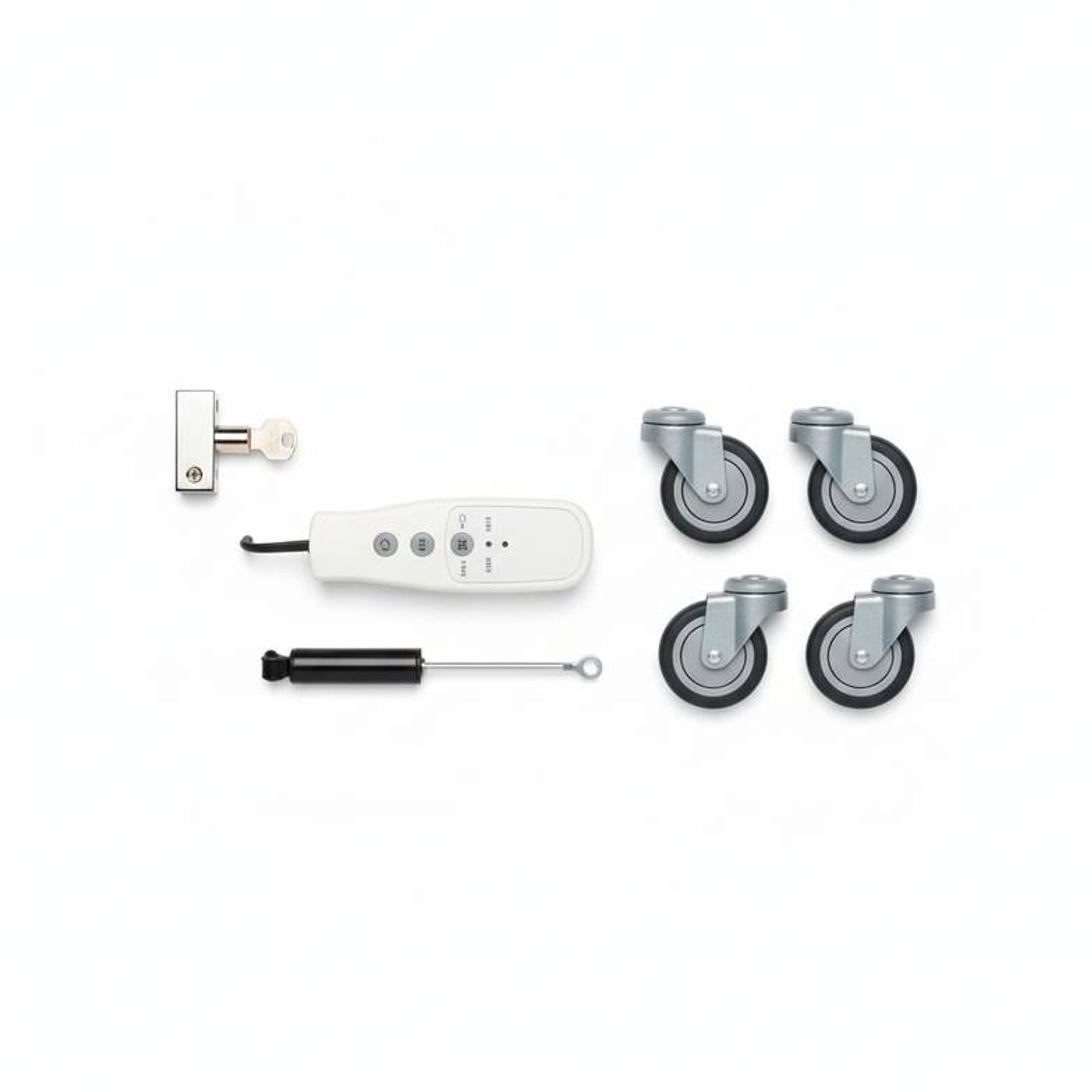 An initial spare parts package for hospital furniture, including casters, handsets, and locking mechanisms.