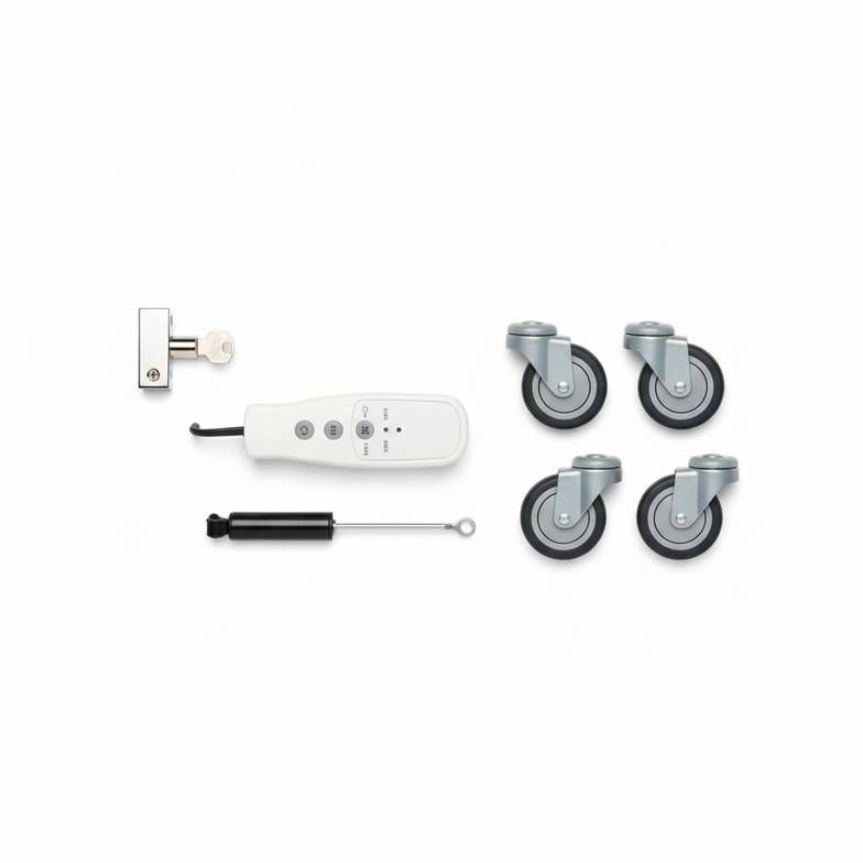An initial spare parts package for hospital furniture, including casters, handsets, and locking mechanisms.