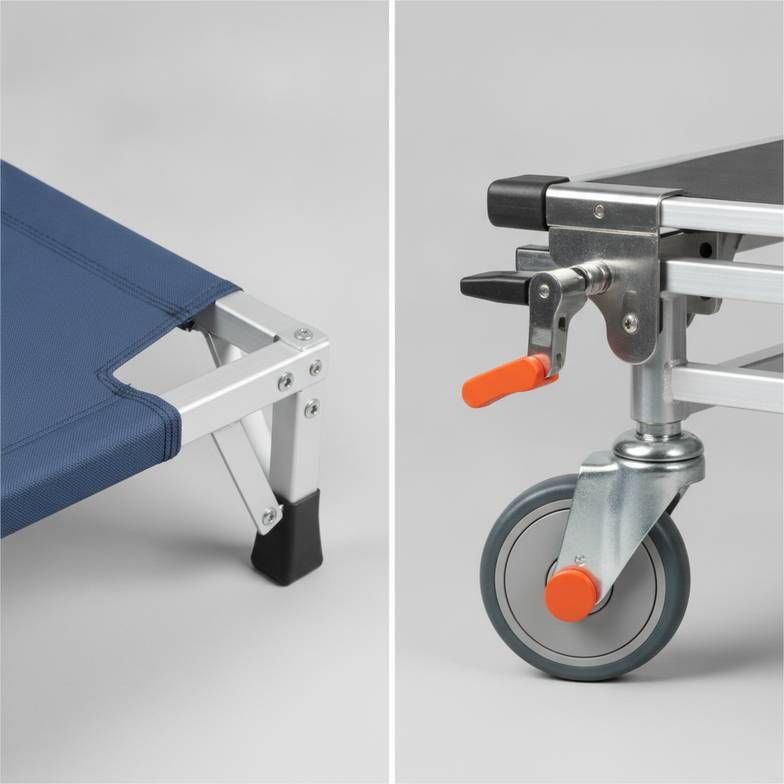 A side-by-side table graphic comparing a folding stretcher vs transfer stretcher.