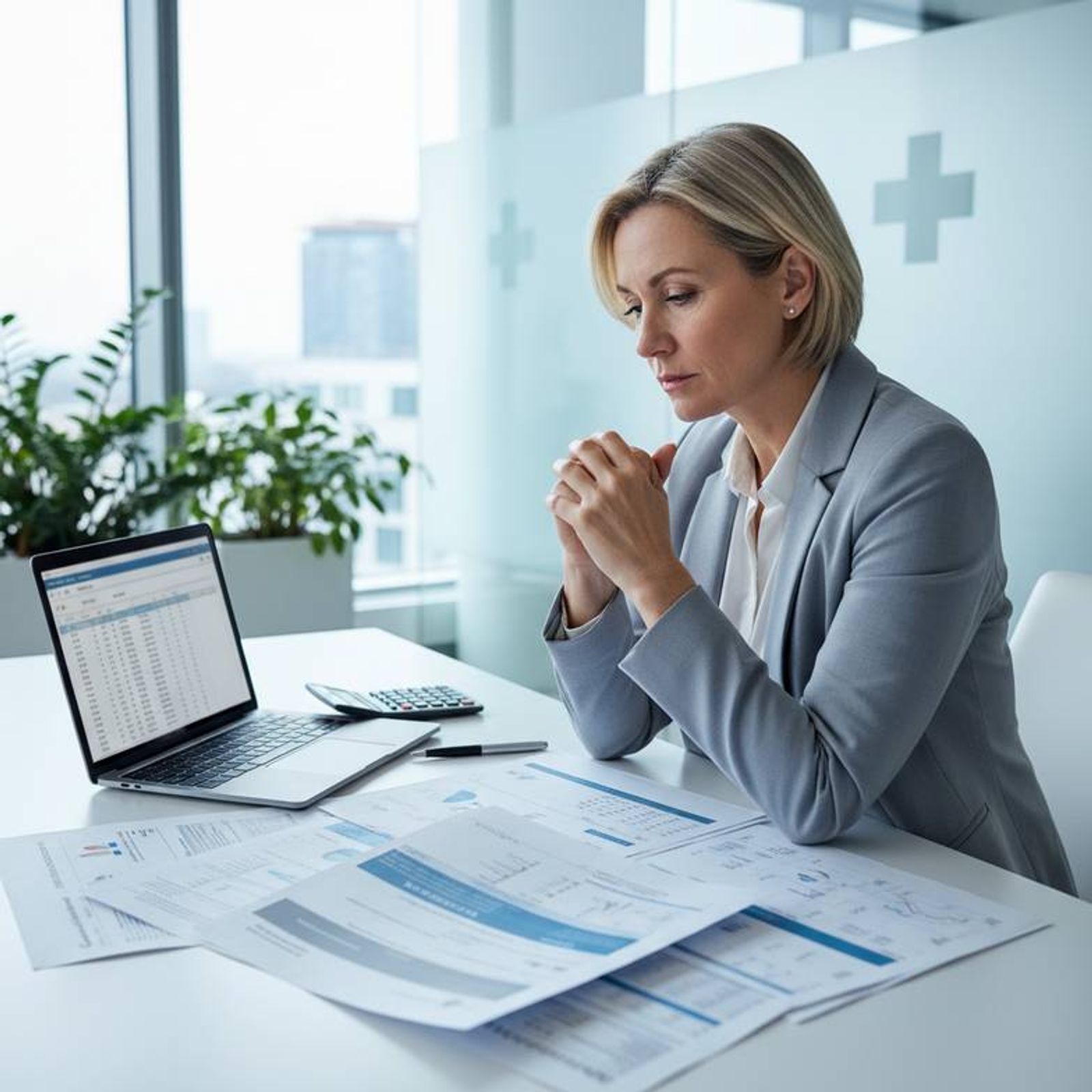A procurement manager at a desk comparing several hospital furniture quotations, looking concerned and overwhelmed by the different prices and vague details.