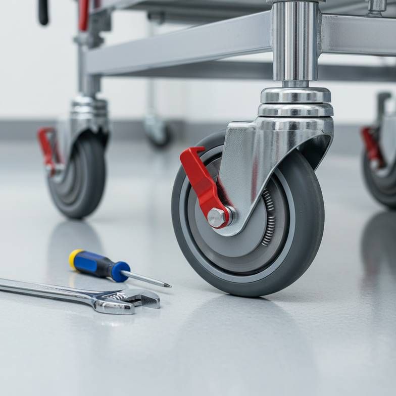 A technician performing maintenance on a patient stretcher's casters and frame.
