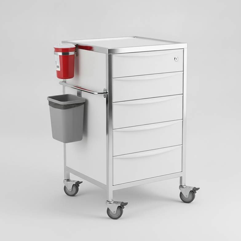 A locking medication cart with multiple drawers and accessories