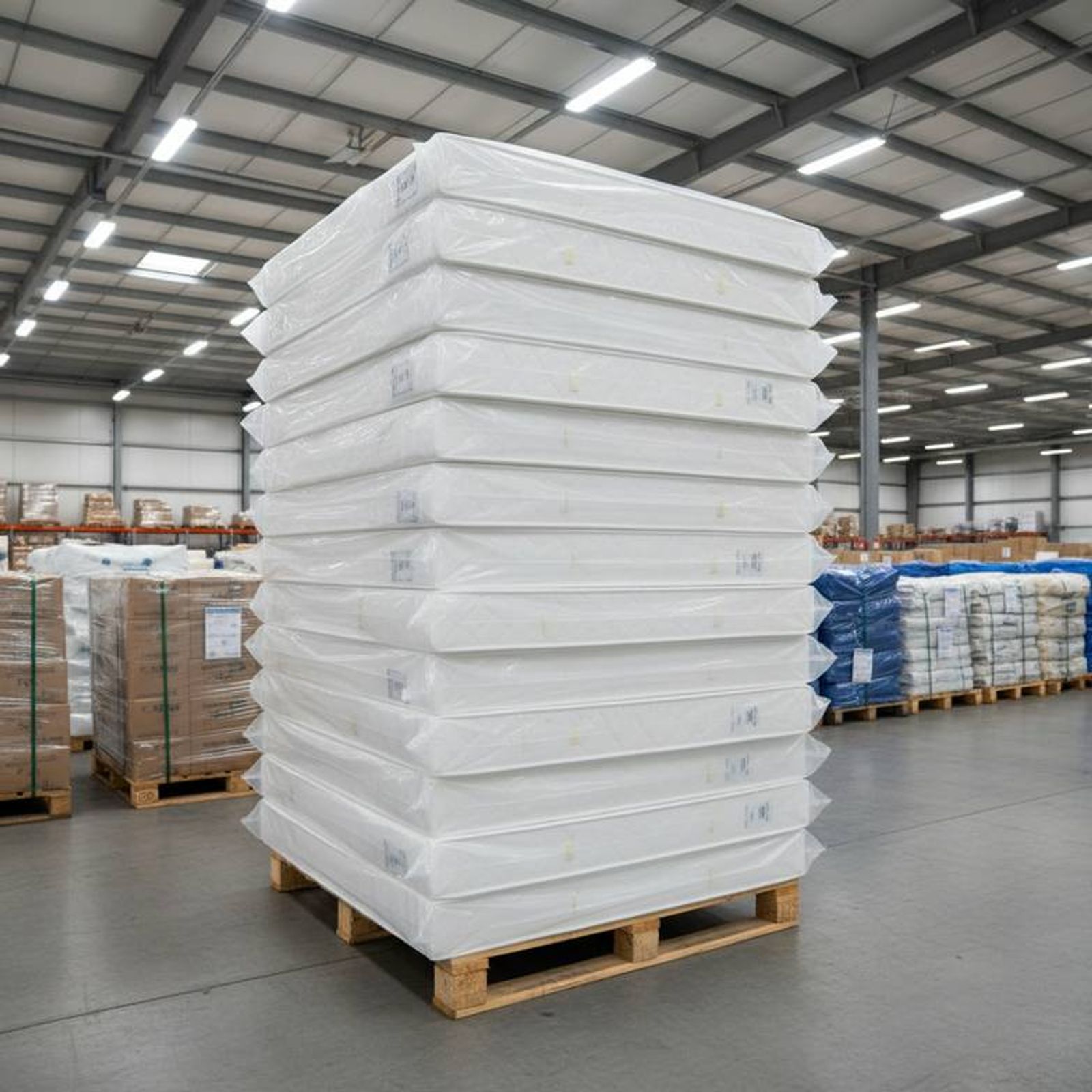 Neatly stacked and packed hospital mattresses in a warehouse, illustrating the concept of packing and shipping volume (CBM).