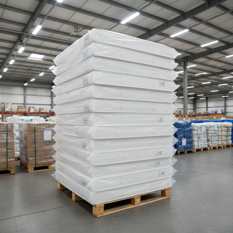 Neatly stacked and packed hospital mattresses in a warehouse, illustrating the concept of packing and shipping volume (CBM).