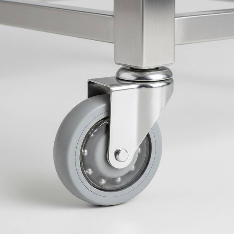 A close-up shot of a high-quality medical trolley caster wheel.