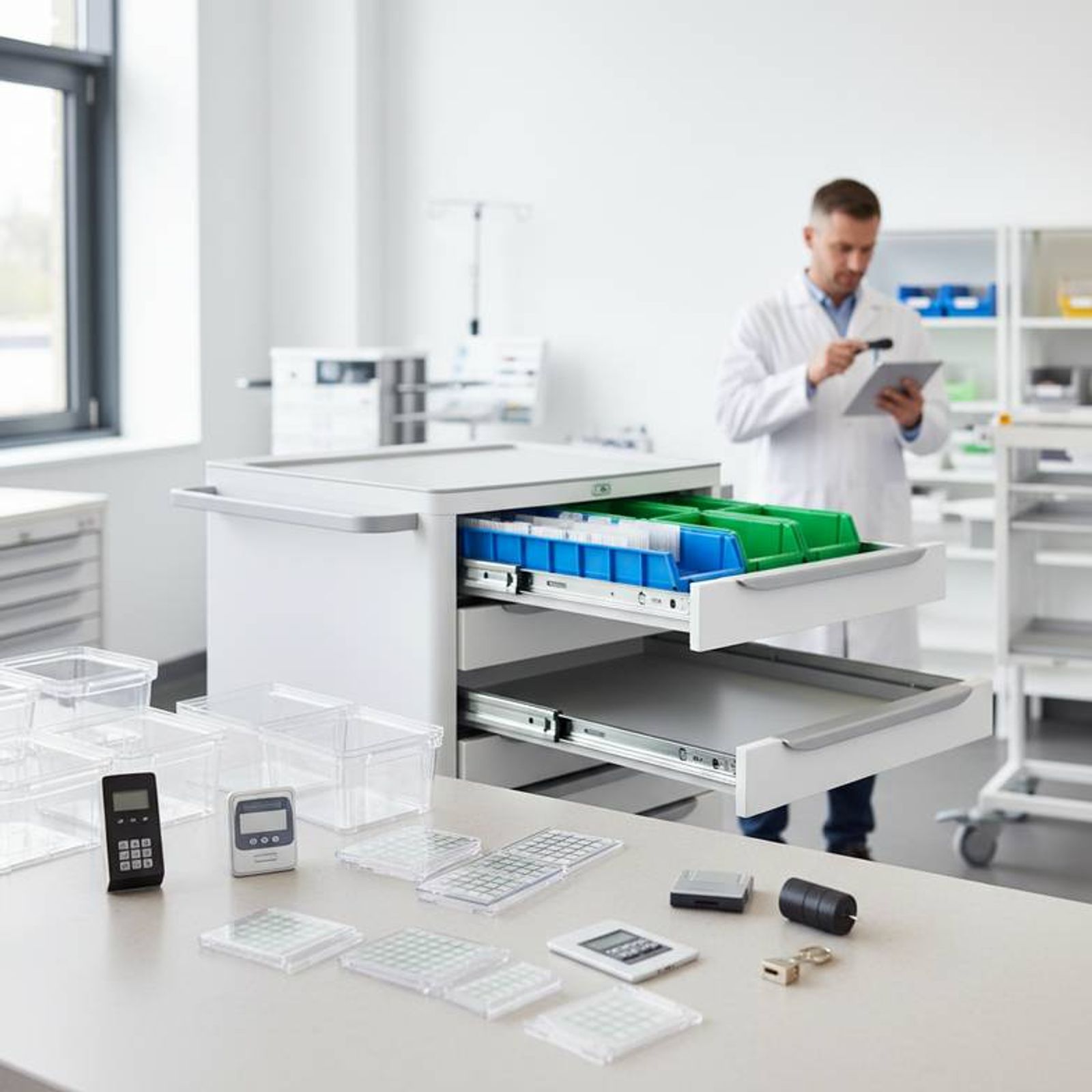 An empty medication cart drawer next to a fully configured drawer with bins and dividers