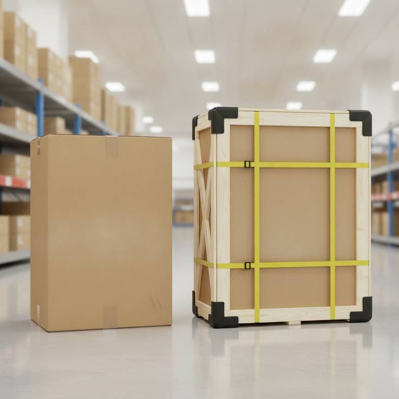 A photo comparing a standard carton with a reinforced export-grade carton or wooden case.