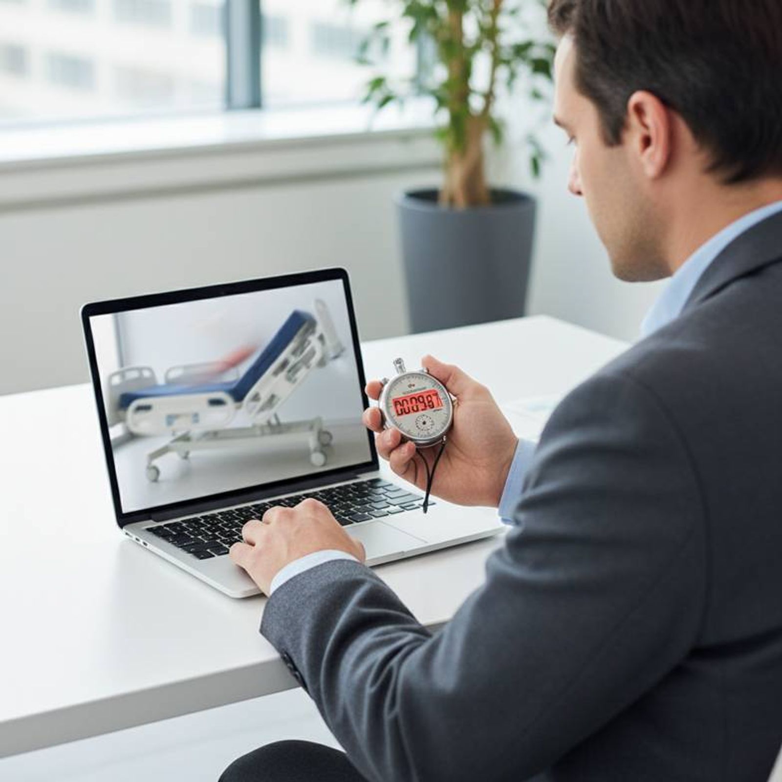 A procurement manager timing the hospital bed CPR function on a video playing on their laptop.
