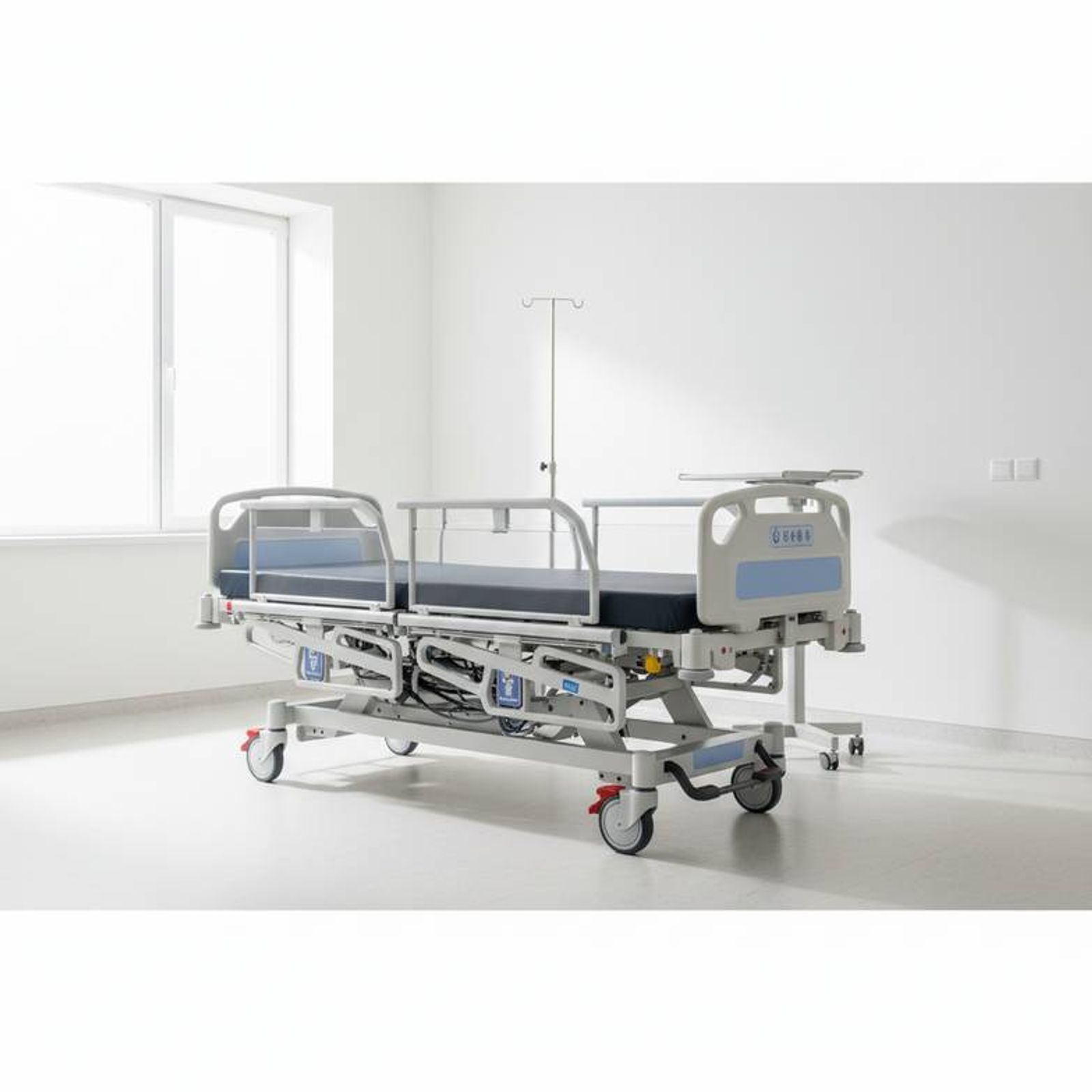 A modern and clean ICU bed in a hospital room setting, highlighting its functions and structure.
