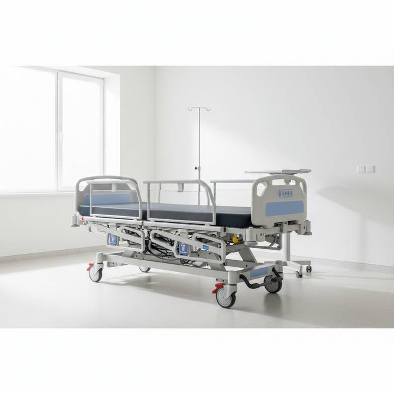 A modern and clean ICU bed in a hospital room setting, highlighting its functions and structure.