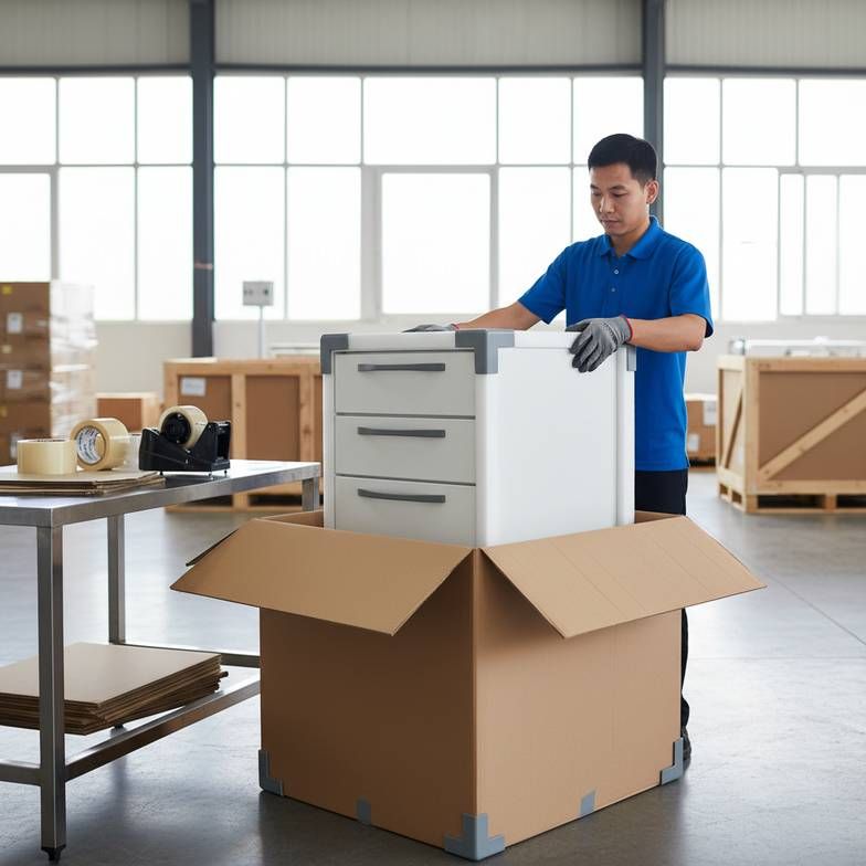 A clean warehouse scene showing hospital furniture being packed for export, with visible corner protectors, sturdy cartons, and careful handling.