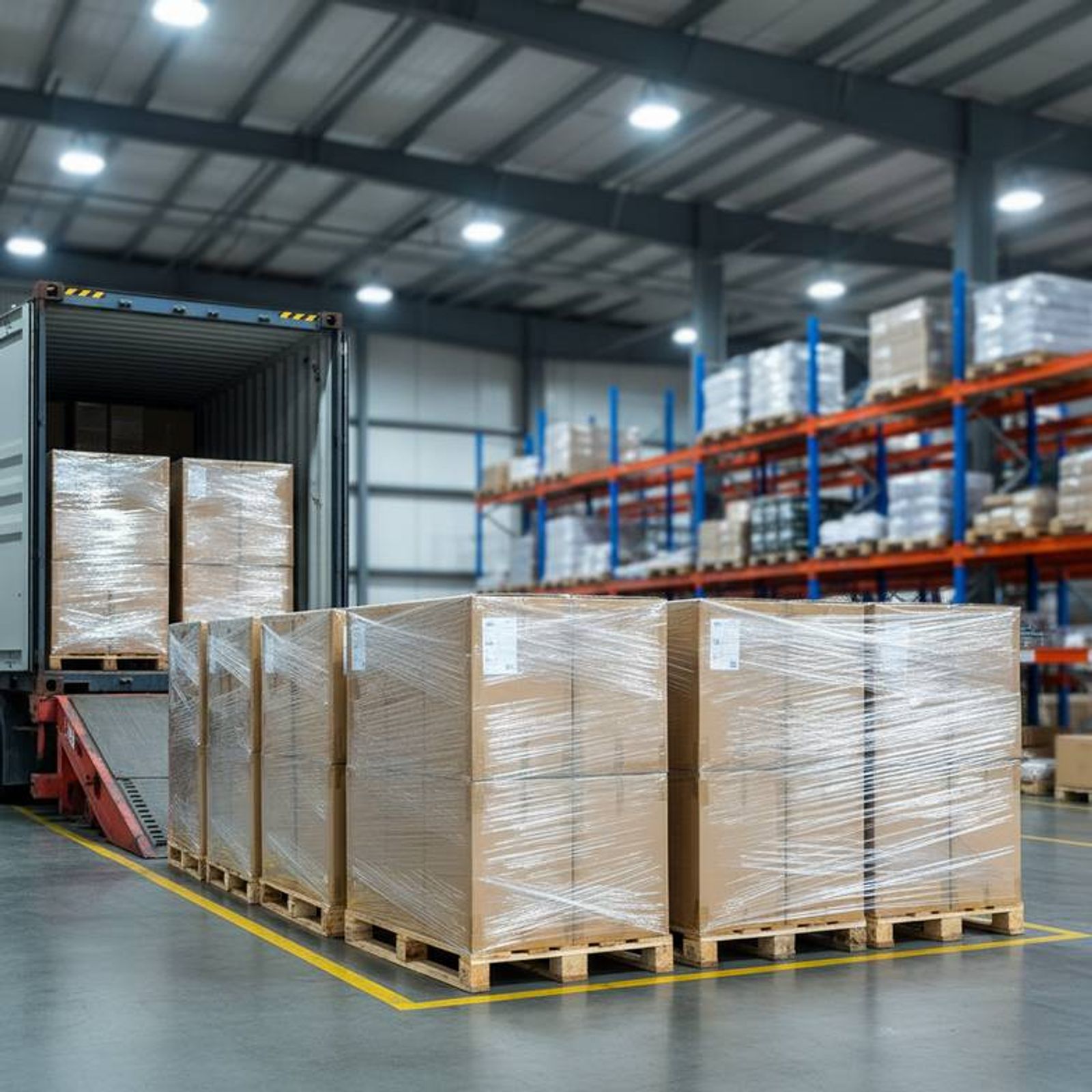 Warehouse scene showing properly packed and labeled export cartons for hospital beds, ready for shipment.