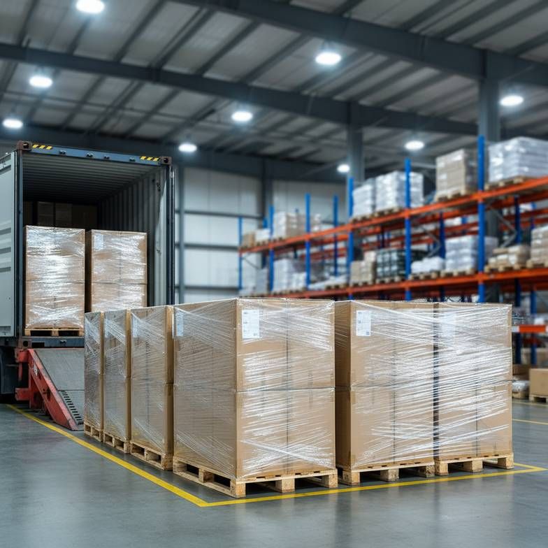 Warehouse scene showing properly packed and labeled export cartons for hospital beds, ready for shipment.