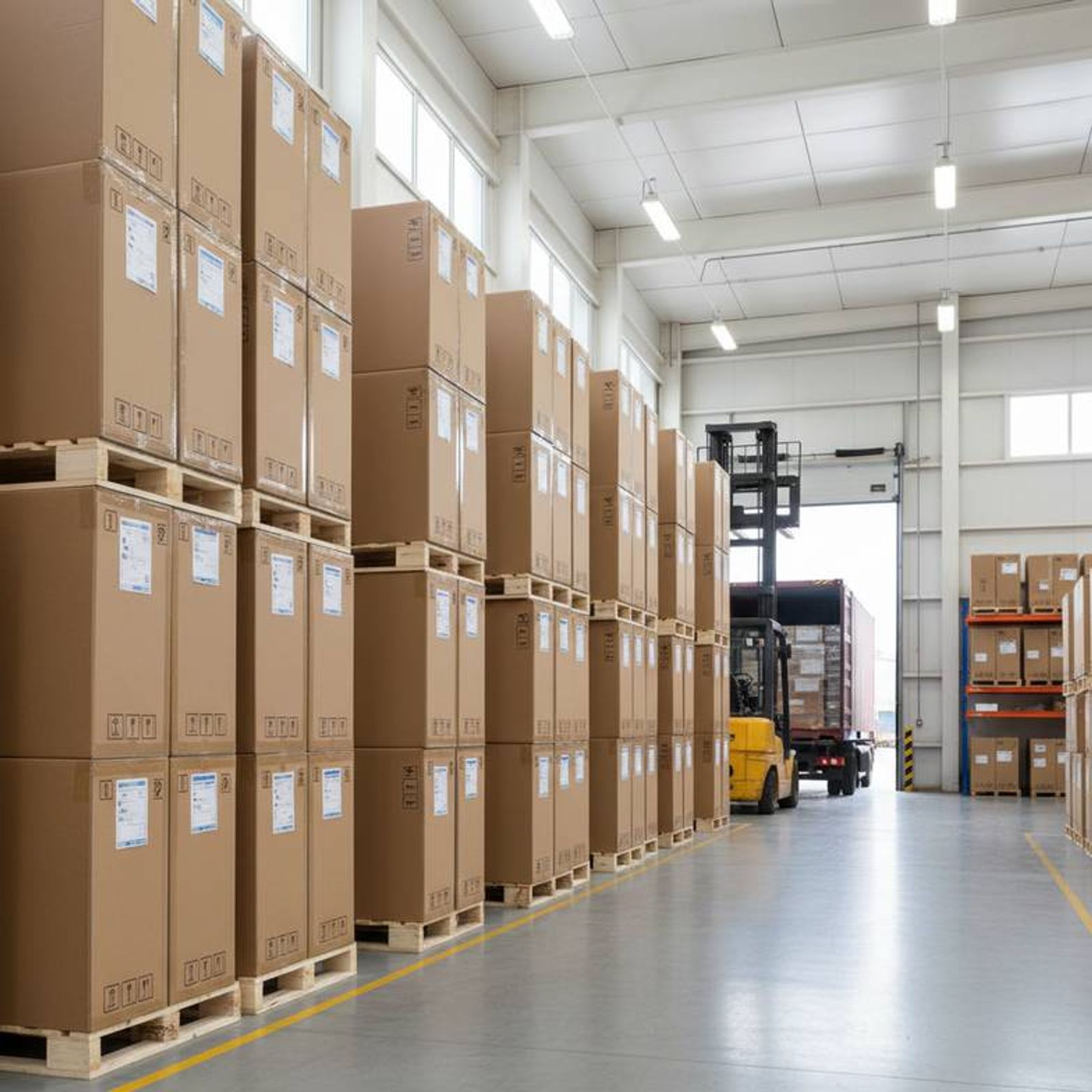 A warehouse scene showing neatly stacked and labeled cartons of hospital beds ready for export, emphasizing professional packing.