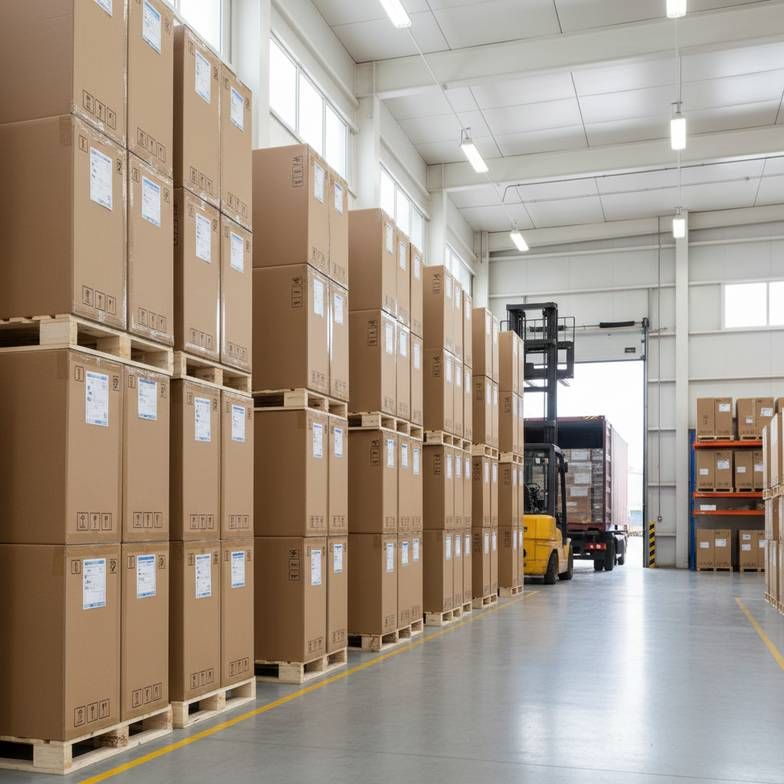 A warehouse scene showing neatly stacked and labeled cartons of hospital beds ready for export, emphasizing professional packing.