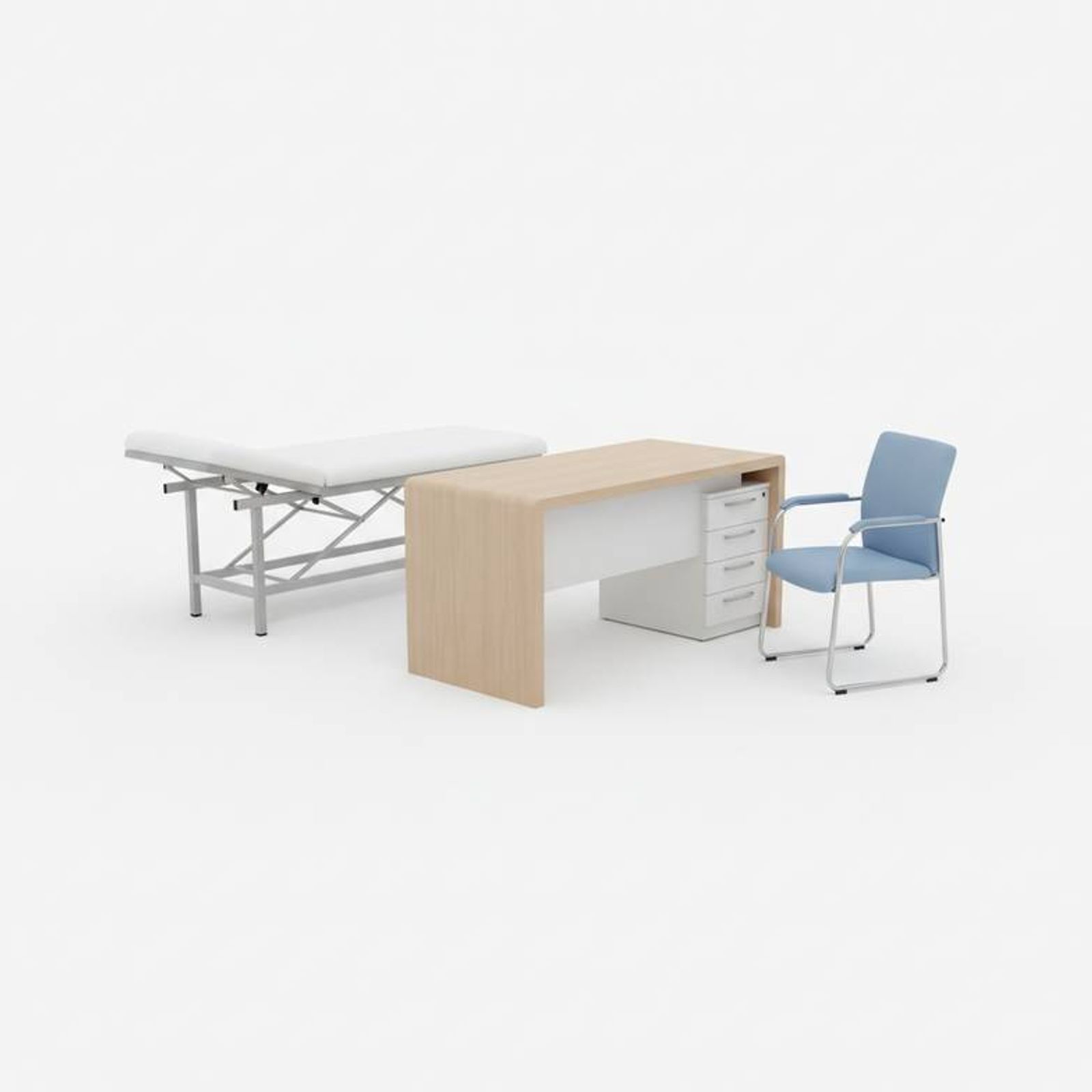 Essential doctor consultation room furniture items, including a desk, a sturdy patient chair, and an adjustable examination couch