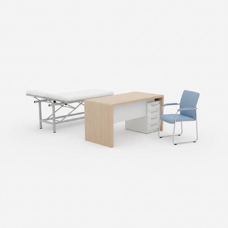Essential doctor consultation room furniture items, including a desk, a sturdy patient chair, and an adjustable examination couch