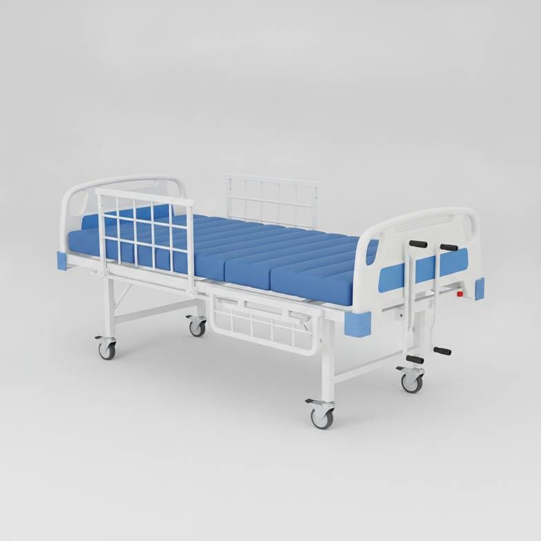 A clean and sturdy manual hospital bed with two cranks at the foot of the bed.